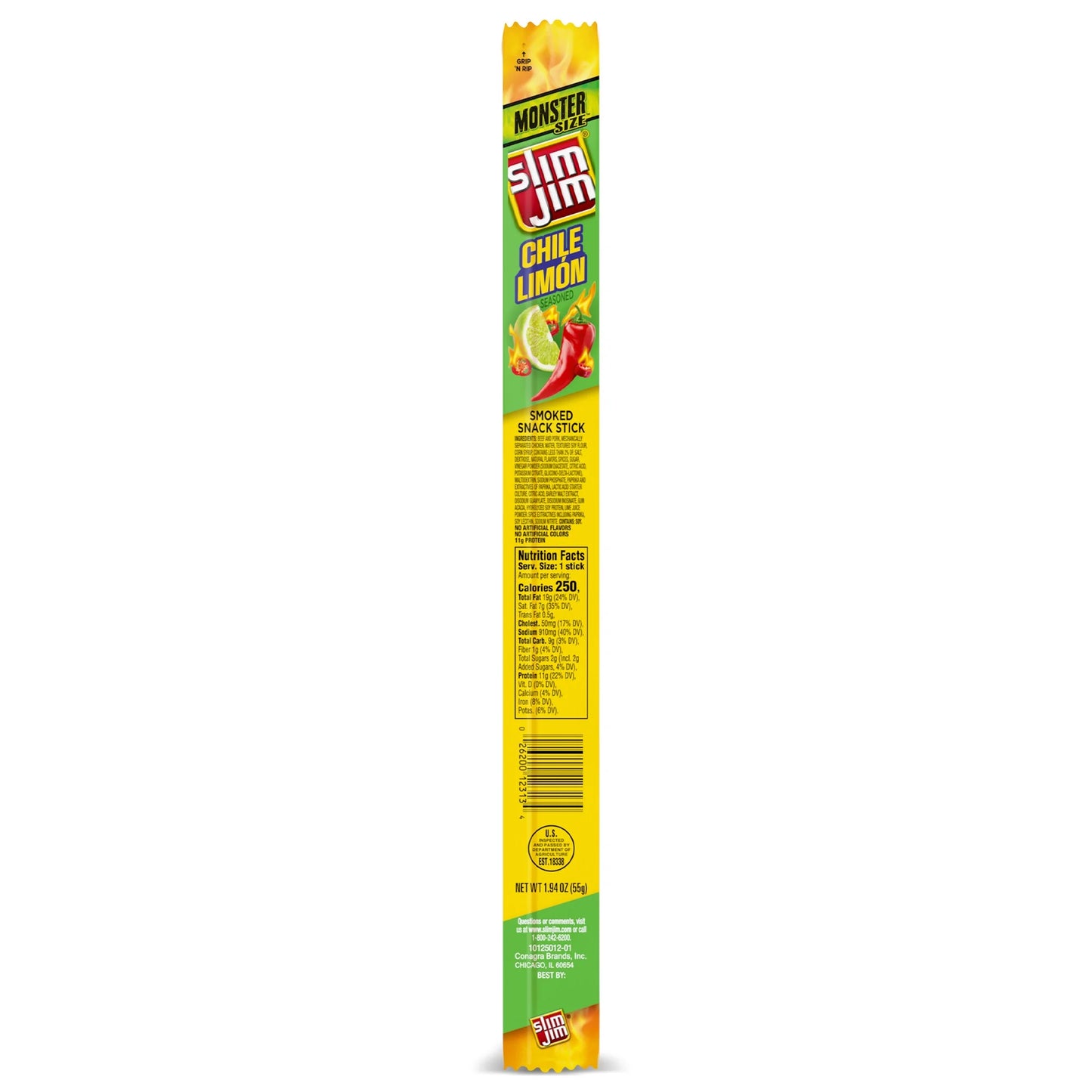 Slim Jim Monster Smoked Meat Sticks, Chile Limon , High Protein , 1.94oz