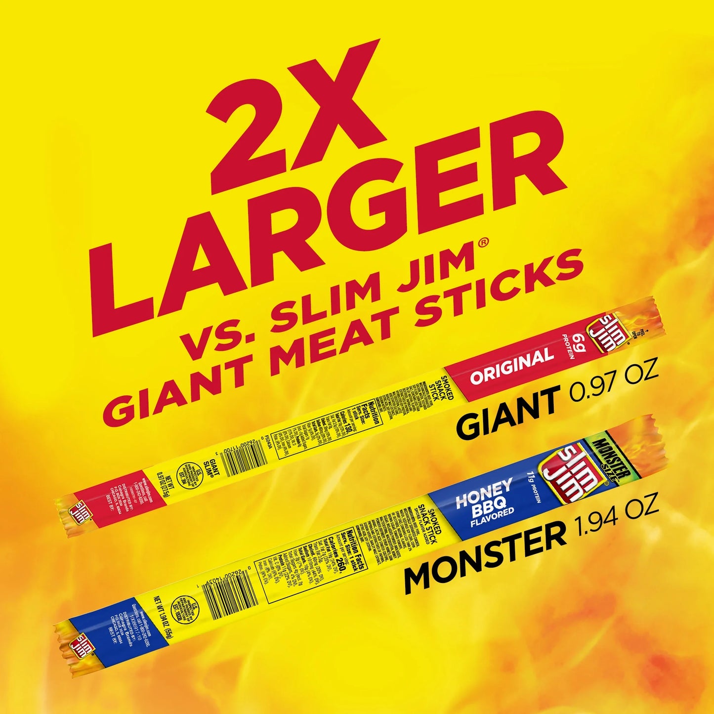 Slim Jim Monster Smoked Meat Sticks, Honey BBQ Flavor, High Protein, 1.94 oz.
