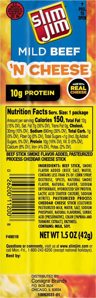 Slim Jim Beef and Cheese Meat Sticks, 1.5 oz