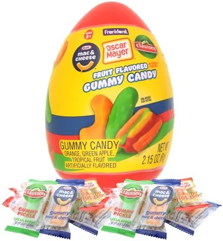 Frankford Jumbo Prefilled Easter Egg, Claussen Pickle, Kraft Macaroni and Cheese, and Oscar Meyer Hot Dog