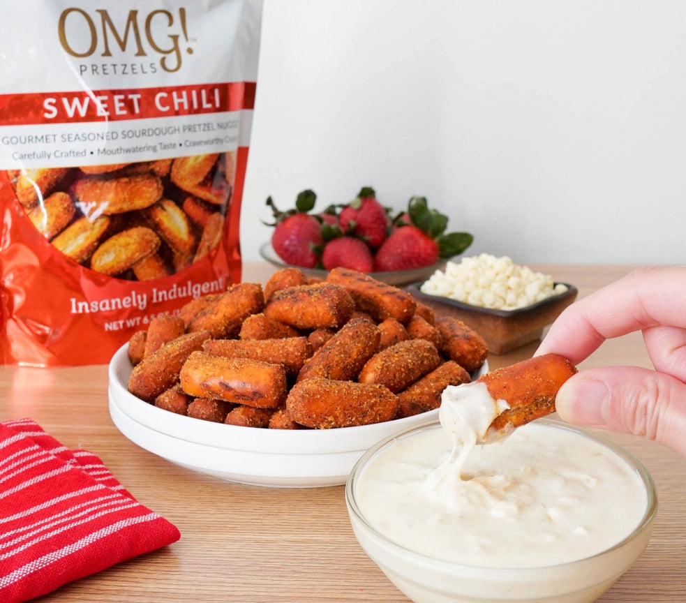 OMG! Pretzels Sweet Chili Seasoned Sourdough Pretzel Nuggets dipping